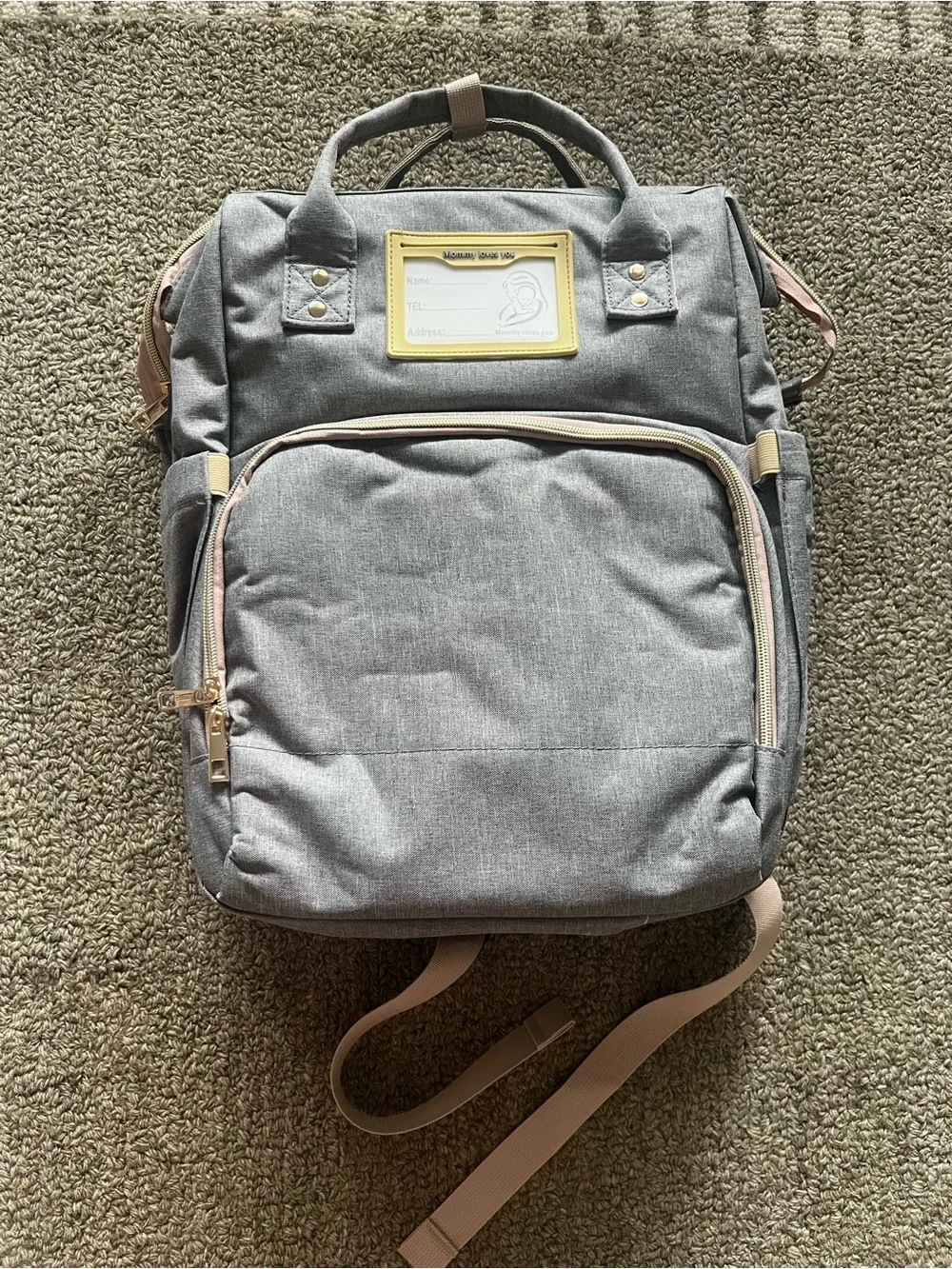 Modern Grey Oxford Diaper Bag with Blush Trim
